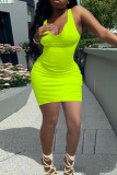 Fluorescent Green Fashion Sexy Solid Basic U Neck Vest Dress