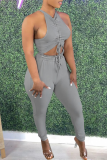 Grey Casual Solid Halter Sleeveless Two Pieces