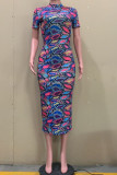 Модное повседневное платье со змеиным принтом, базовое платье с круглым вырезом и коротким рукавом