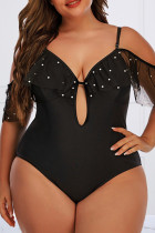 Black Fashion Sexy Patchwork Hollowed Out Backless Spaghetti Strap Plus Size Swimwear