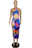 Blue Sexy Print Patchwork Halter Sleeveless Two Pieces