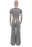 White Yellow Fashion Casual Striped Print Basic O Neck Short Sleeve Two Pieces