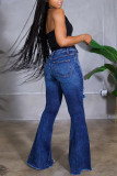 The cowboy blue Fashion Casual Solid High Waist Regular Flare Leg Ripped Denim Jeans