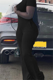 Macacão preto moda casual sólido básico com decote em V tamanho grande