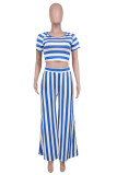 Blue White Fashion Casual Striped Print Basic O Neck Short Sleeve Two Pieces