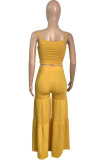 Yellow Sexy Casual Solid Bandage Hollowed Out Fold Spaghetti Strap Sleeveless Two Pieces
