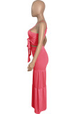 Pink Sexy Casual Solid Bandage Hollowed Out Fold Spaghetti Strap Sleeveless Two Pieces