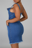Ковбойское синее модное сексуальное однотонное джинсовое платье на тонких бретелях с открытой спиной