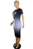 Blaues, modisches, lässiges, graduell wechselndes, kurzärmliges Kleid mit O-Ausschnitt und einfachem Rundhalsausschnitt
