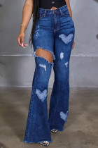 De cowboyblauwe Mode Casual Effen Gescheurde Regular Jeans met hoge taille