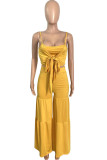 Yellow Sexy Casual Solid Bandage Hollowed Out Fold Spaghetti Strap Sleeveless Two Pieces