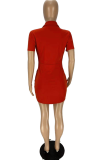 Red Casual Solid Patchwork Turndown Collar Pencil Skirt Dresses