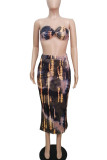 Yellow Sexy Print Patchwork Strapless Pencil Skirt Plus Size Two Pieces