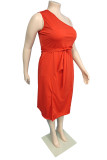 Red Sexy Casual Plus Size Solid Slit One Shoulder Sleeveless Dress