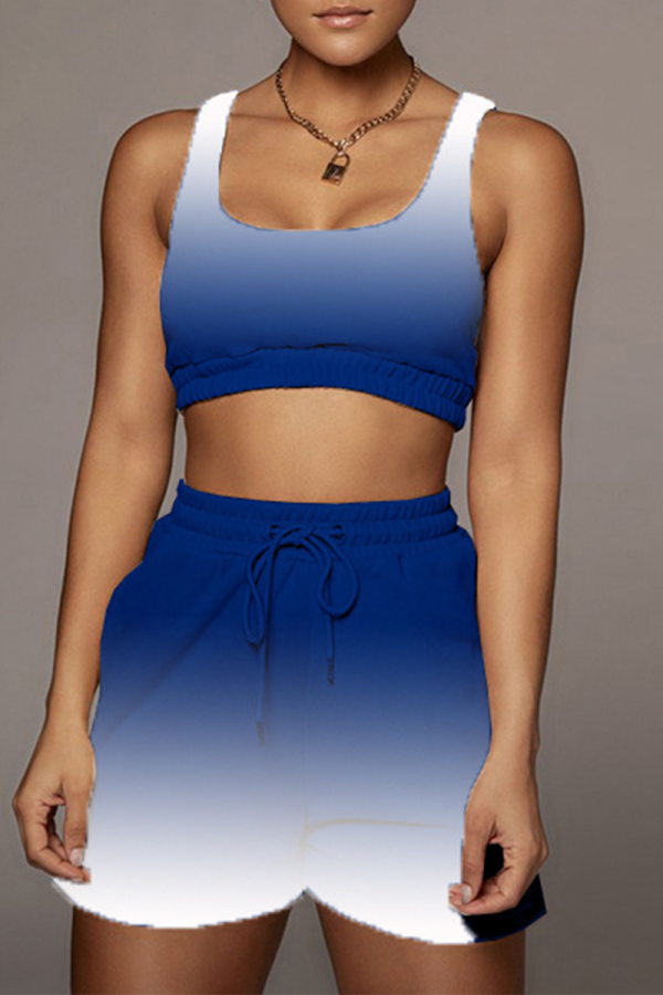 Синий Пэчворк Спортивная одежда Постепенное изменение с U-образным вырезом Без рукавов Из двух частей