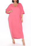 Розово-красное модное повседневное однотонное базовое длинное платье с V-образным вырезом