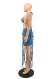 Blue Fashion Sexy Solid Tassel Backless Halter Sleeveless Two Pieces