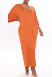 Vestido largo con cuello en V básico sólido casual de moda naranja