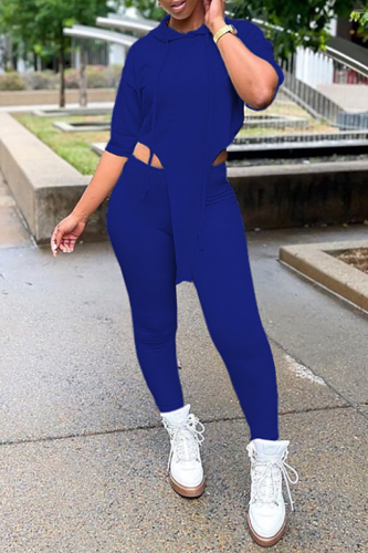 Blue Casual Solid Patchwork Hooded Collar Short Sleeve Two Pieces