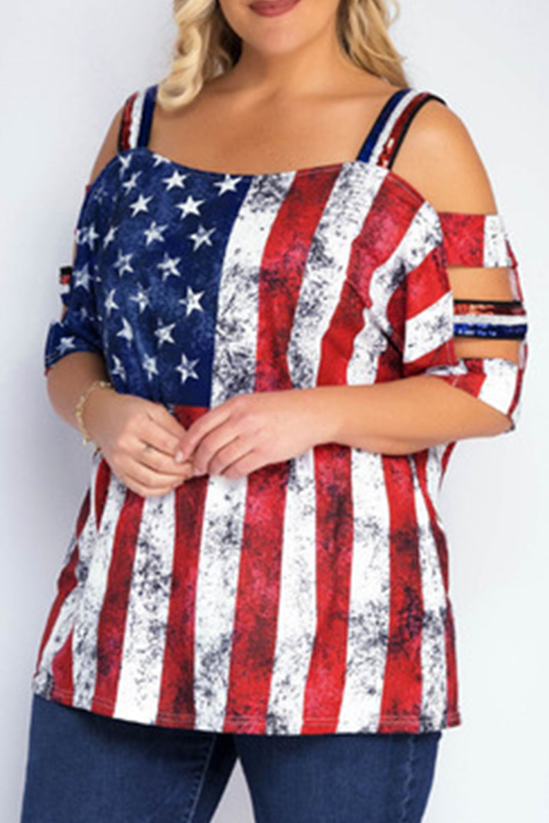 Red Blue Casual Print Hollowed Out Split Joint Square Collar Plus Size Tops