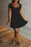 ブラック ファッション カジュアル ソリッド ベーシック Oネック 半袖 Aライン ドレス