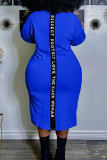 Bleu Casual Imprimé Patchwork Fente O Cou Droite Plus La Taille Robes