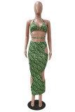 Green Fashion Sexy Print Hollowed Out Backless Swimwears Three-piece Set