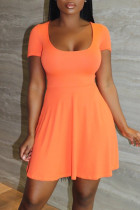 オレンジ ファッション カジュアル 無地 ベーシック Oネック 半袖 Aライン ドレス
