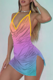 Gradient Color Sexy Gradual Change High Opening Halter Pencil Jupe Robes