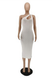 White Sexy Casual Solid Hollowed Out One Shoulder Sleeveless Dress Dresses
