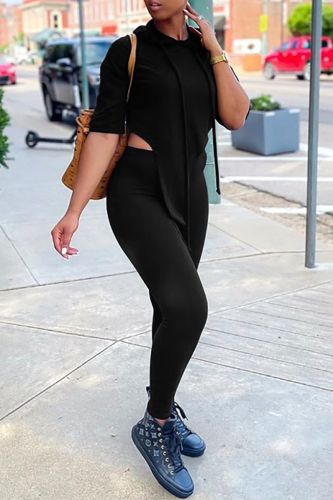 Black Casual Solid Patchwork Hooded Collar Short Sleeve Two Pieces