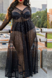 Zwarte sexy patchwork doorschijnende mesh V-hals rechte jurken