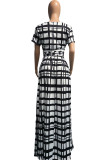 Black Sexy Plaid Patchwork O Neck Cake Skirt Plus Size Two Pieces