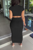 Zwarte mode Sexy effen uitgeholde riem ontwerp O-hals korte mouw twee stukken