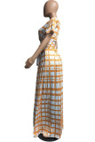 黄色のセクシーな格子縞のパッチワーク O ネック ケーキ スカート プラス サイズ XNUMX 枚
