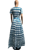 Blue Sexy Plaid Patchwork O Neck Cake Skirt Plus Size Two Pieces