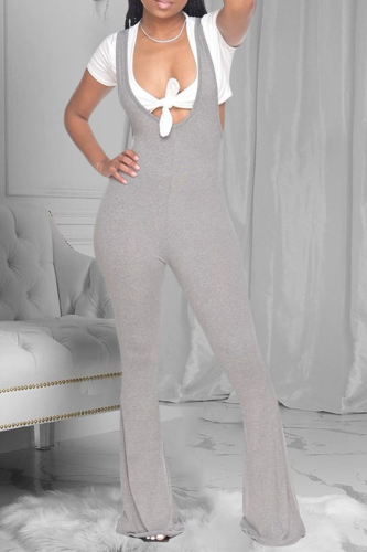 Grey Casual Solid Split Joint Boot Cut Jumpsuits