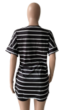 Red Casual Striped Patchwork V Neck Short Sleeve Two Pieces