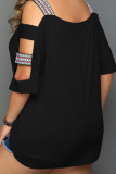 Black Casual Print Hollowed Out Patchwork Square Collar Plus Size Tops