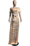 Yellow Sexy Plaid Patchwork O Neck Cake Skirt Plus Size Two Pieces