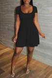 ブラック ファッション カジュアル ソリッド ベーシック Oネック 半袖 Aライン ドレス