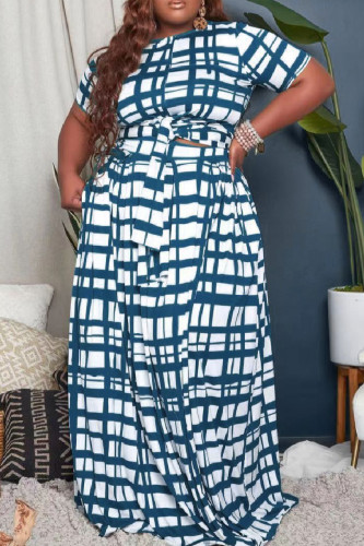 Blue Sexy Plaid Patchwork O Neck Cake Skirt Plus Size Two Pieces