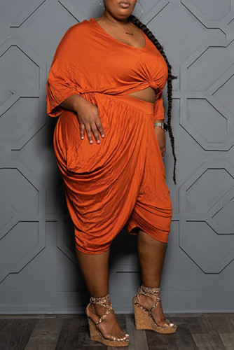 Orange Fashion Casual Solid Basic O-Ausschnitt Plus Size Two Pieces