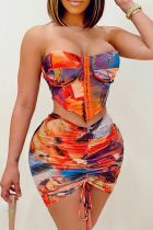 Red Sexy Print Patchwork Strapless Sleeveless Two Pieces