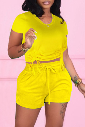 Yellow Fashion Casual Solid Bandage O Neck Short Sleeve Two Pieces