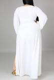 Vestidos Laranja Elegante Patchwork Sólido Frenulum com decote em V manga longa plus size