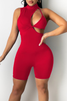 Red Sexy Solid Hollowed Out Patchwork Half A Turtleneck Skinny Rompers