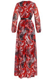 Vestidos vermelhos elegantes estampados patchwork com decote em V manga comprida plus size