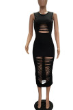 Black Casual Solid Hollowed Out Patchwork O Neck Pencil Skirt Dresses