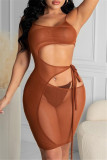 Vestido marrom sexy sólido vazado com alça transparente design alça de espaguete sem manga